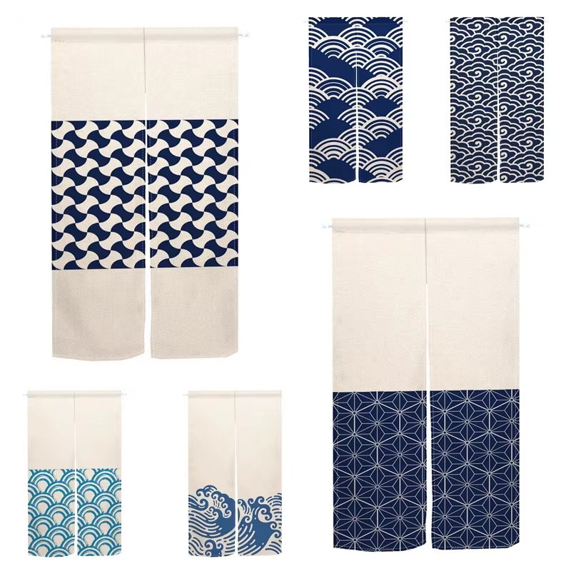VIKAMA Türvorhang im japanischen Izakaya-Stil mit geometrischem Wellenmuster, Blau, Breite: 70 cm, Höhe: 150 cm - Bild 1