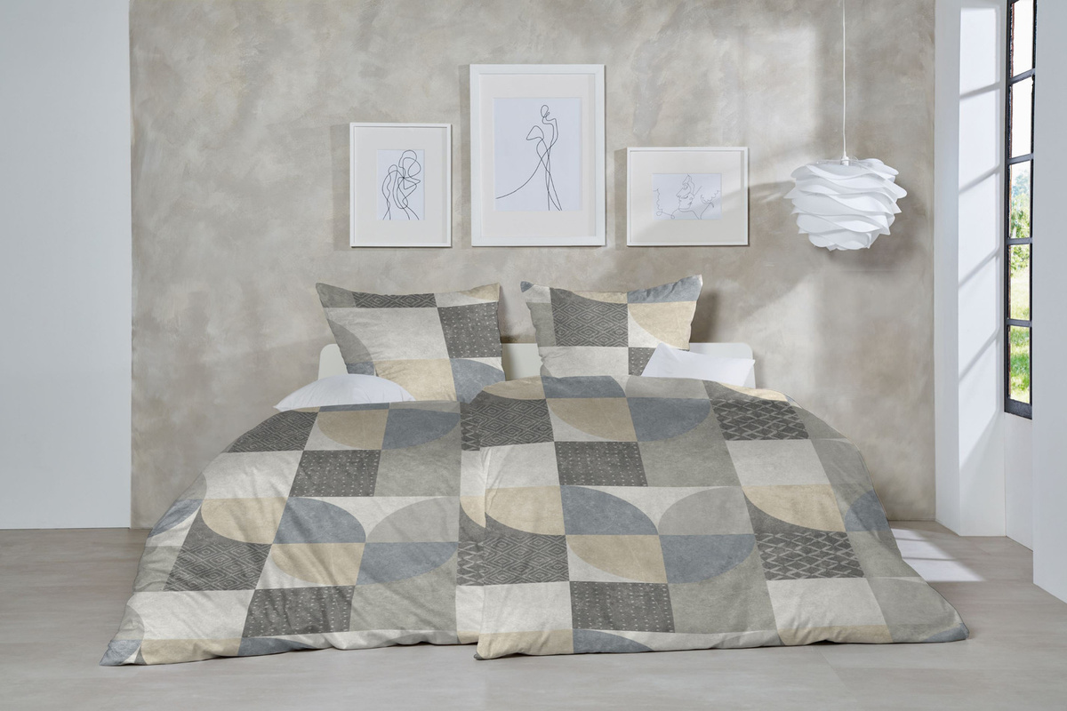 Primera Edelflanell Bettwäsche aus Baumwolle Karo Retro grau sand blau, B/H: 135 x 200 cm mit Kissenbezug 80 x 80 cm - Bild 1