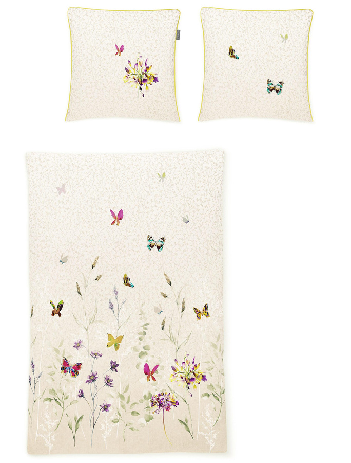 Irisette Wave Mako-Satin Bettwäsche mit Blumenwiese und Schmetterlingen, Weiß, B/H: 155 x 220 cm und 80 x 80 cm - Bild 1