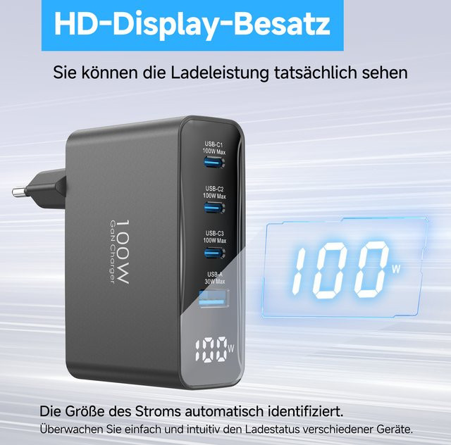 TOPADRE 100W GaN USB-C Schnellladegerät mit Display in Schwarz für MacBook, iPhone und Samsung mit PPS PD Quick Charge 4.0/3.0 - Bild 1