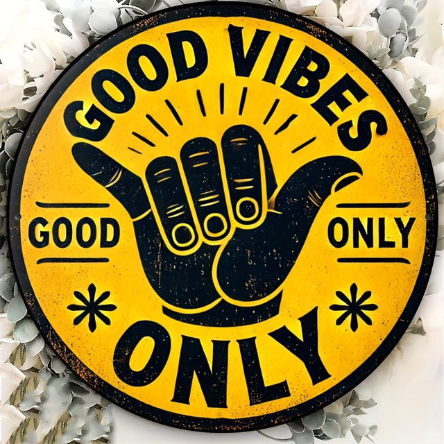 Potdemiel Rundes Vintage-Aluminiumschild Good Vibes Only in Gelb, Durchmesser: 19,8 cm - Bild 1