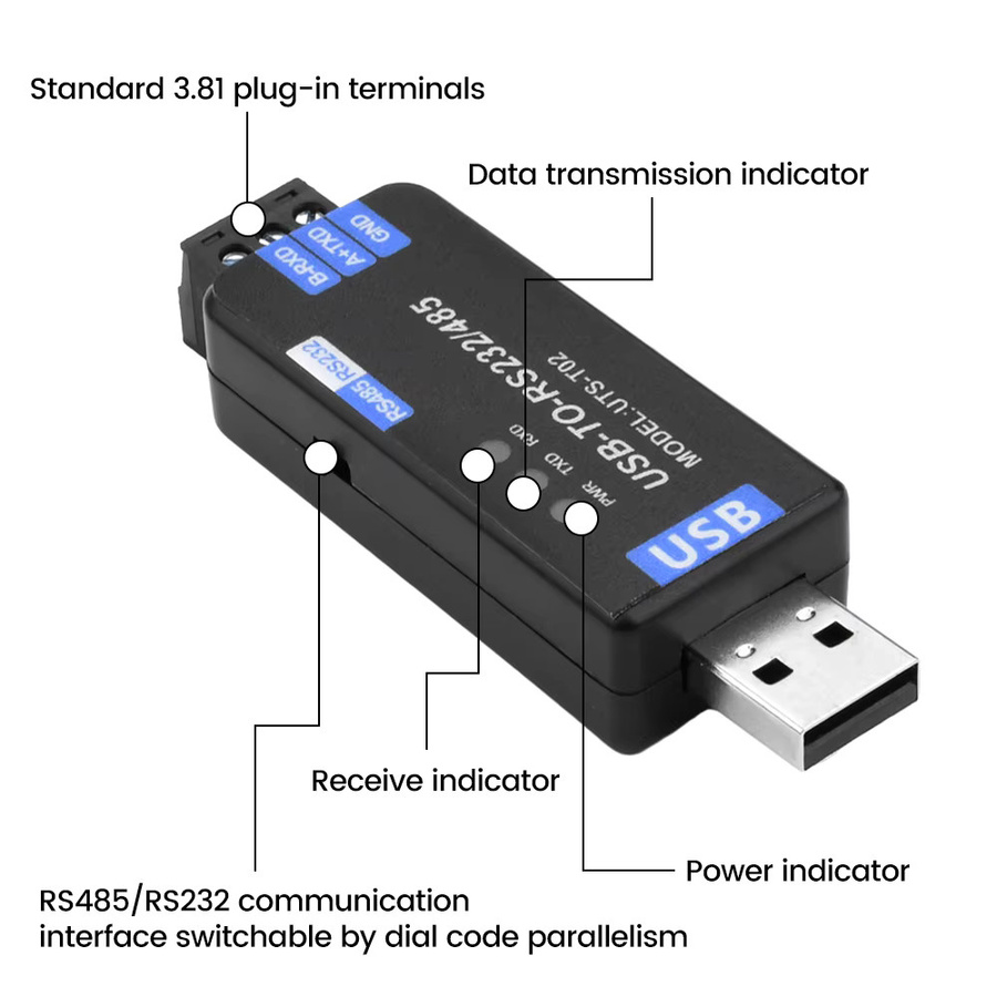 CH343G USB zu RS485/RS232 Kommunikationsmodul Bidirektionaler halbduplex serieller Leitungskonverter in Schwarz - Bild 2