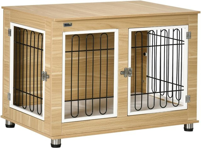 PawHut Hundehütte mit Kissen und Doppeltüren in Eiche, Hundebox für mittelgroße Hunde mit Tischplatte, B/T/H: 58 x 90 x 65 cm - Bild 1