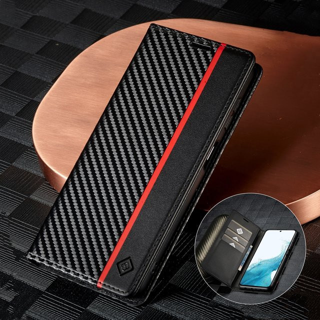 Kohlefaser-Lederhülle Flip Wallet für Samsung Galaxy A-Serie in Schwarz und Rot - Bild 1