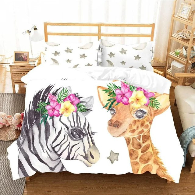 Bettwäscheset mit Cartoon-Giraffe und tropischen Tieren für Kinder, mehrfarbiges Polyester-Bettbezug-Set von Binchi Outdoor Product, B/B: 228 x 228 cm - Bild 1