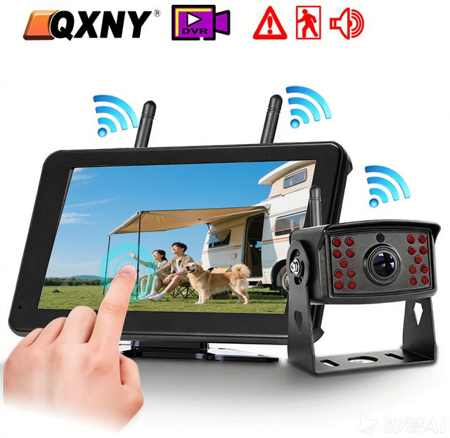 QXNY Kabellose Rückfahrkamera mit 7-Zoll-Touchscreen-Monitor und digitalem DVR-Rekorder sowie BSD-Alarm in Schwarz für LKW, Anhänger, Bus, Wohnmobil und Van - Bild 1