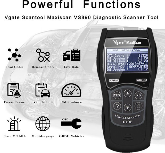 Vgate VS890 OBD2 Scanner Diagnosegerät in Schwarz zum Lesen und Löschen von Fehlercodes sowie zur Anzeige von Echtzeitdaten - Bild 1