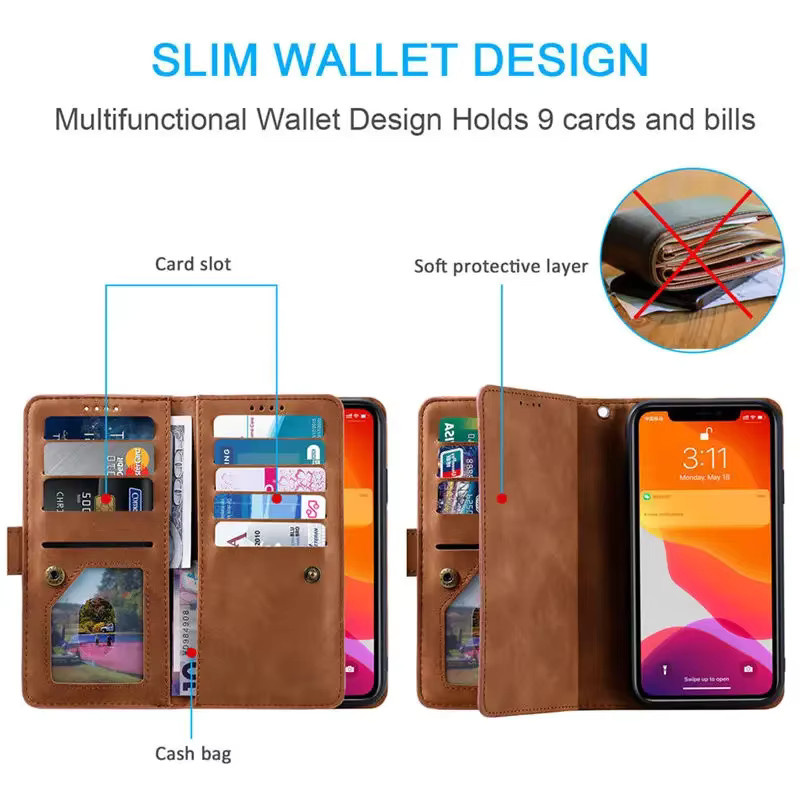Luxus Lederbrieftasche Flip-Hülle für Xiaomi 15T 17T Pro 5G und Poco X7 M8 X8 Pro Max mit 9 Kartenfächern und Reißverschluss in Braun - Bild 4