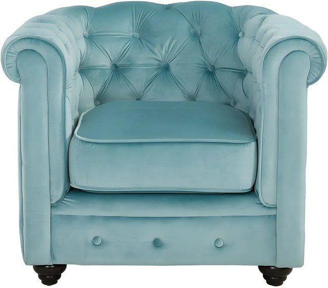 Vente-unique Chesterfield Sessel mit gerader Rückenlehne aus Samt in Hellblau, Höhe: 82 cm - Bild 1