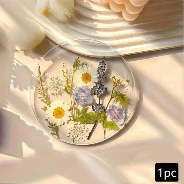 Binchi Untersetzer-Set aus Acryl mit gepressten Blumen, 4 Stück, transparent und mehrfarbig, rund, Durchmesser: 10 cm - Bild 1