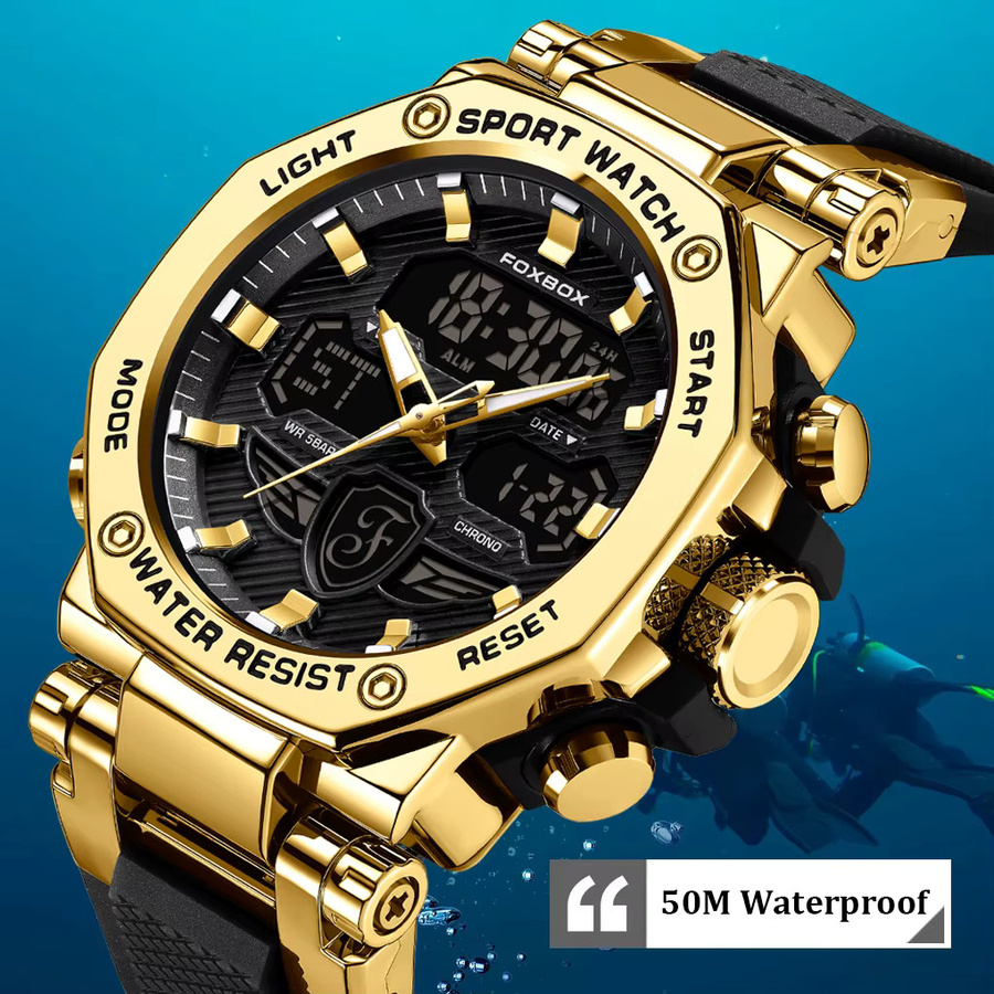 FOXBOX Chronograph Armbanduhr, Quarz, Silikon, Herren, Schwarz, Gold - Bild 6