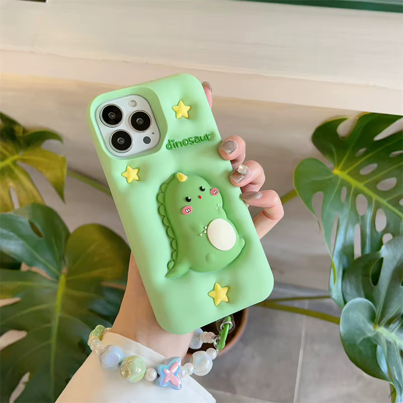 MUQGEW Silikon Handyhülle mit Kawaii Cartoon Dinosaurier für iPhone 12 bis 17 Pro Max, stoßfest und zur Stressbewältigung, Farbe: Grün - Bild 3