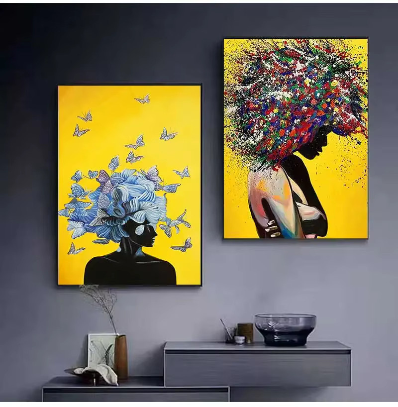 Potdemiel Abstrakte Leinwand Wanddekoration Modernes Mädchen mit Schmetterling in Gelb und Blau - Bild 4