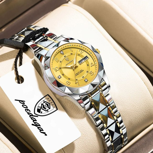 POEDAGAR Armbanduhr Damen, Quarz, Edelstahl, Datum, Wochentag, Gold - Bild 1
