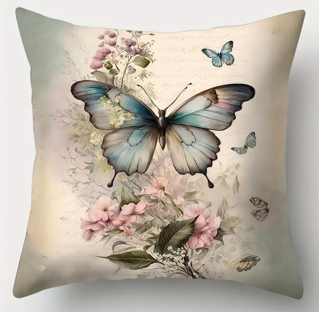 Dekorativer Kissenbezug mit Blumen- und Vogelmuster von Shunika Chen in Beige, B/H: 18 x 18 cm - Bild 1