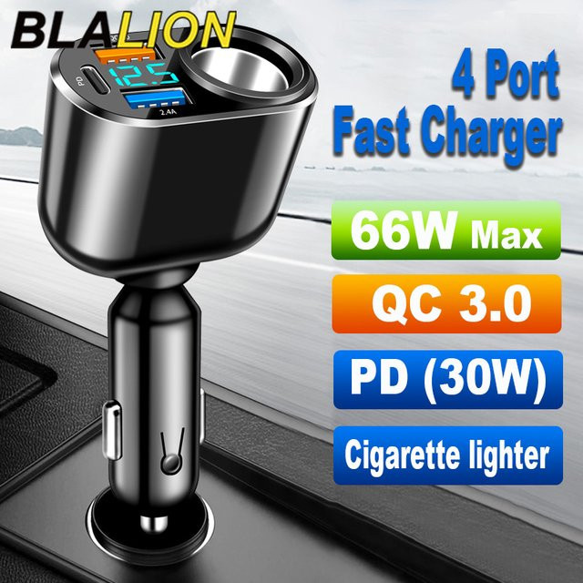 BLALION Autoladegerät mit 4 USB-Ports, 66 W Schnellladung, Dual USB 3,1 A und 30 W PD, Schwarz - Bild 1