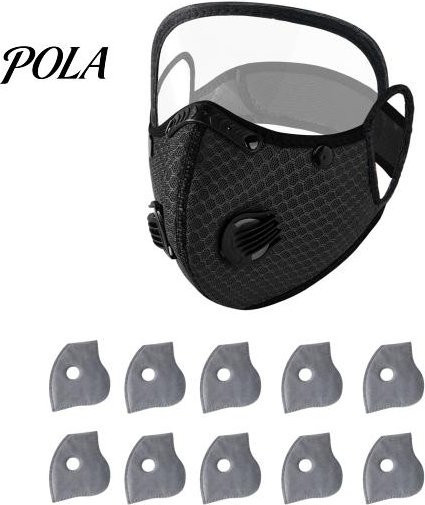 Cafandy Wiederverwendbare Staubmaske mit Kohlefilter und verstellbarer Schutzbrille, 6-lagiger Atemschutz mit 10 Filtern und Atemschutzventil, Farbe: Schwarz - Bild 1