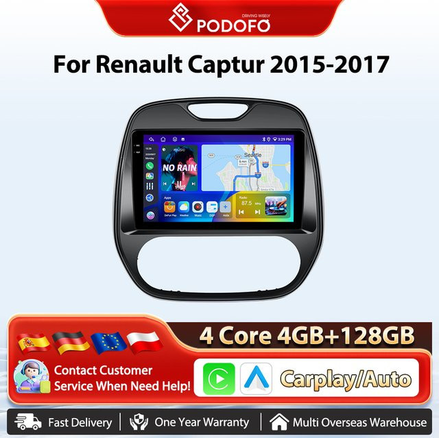 Podofo Android Autoradio für Renault Captur 2015–2017 mit 8 Kernen, kabellosem CarPlay, GPS-Navigation und WIFI in Schwarz - Bild 1