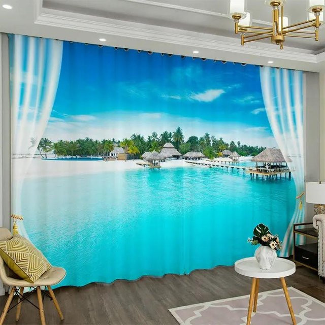 Yiran Furniture Vorhänge mit Strandlandschaft-Print, 2er-Set, Blau, UV-beständig und semi-transparent, Breite: 100 cm, Höhe: 130 cm - Bild 1