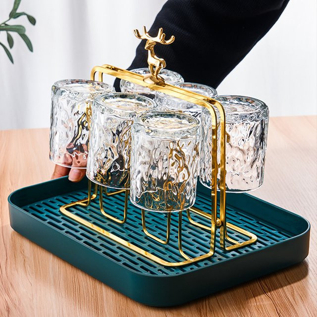 GIANXI Glasbecher-Set und Tassenregal mit Weihnachtsrendier-Verzierung in Transparent und Grün - Bild 1
