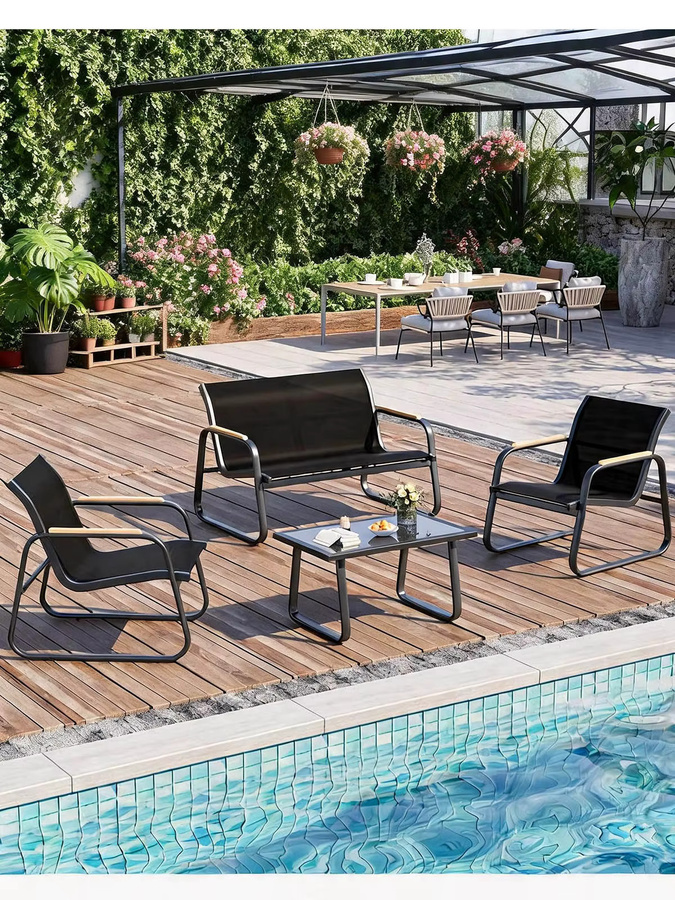 HiMISS 4-teiliges Outdoor-Lounge-Set in Schwarz mit Doppelsofa, 2 Sesseln und Couchtisch aus Glas und pulverbeschichtetem Stahl mit Textilene-Bezug und Kissen - Bild 5