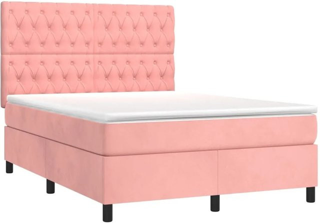 vidaXL Boxspringbett mit Matratze in Rosa, Samt, mit LED-Unterbettbeleuchtung und USB-Ladeanschluss, B/T/H: 140 x 190 x 128 cm - Bild 1