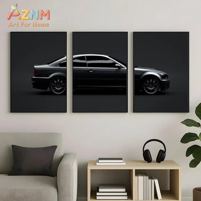 AZNM BMW E46 M3 Triptych Wandkunstdruck als ungerahmtes Leinwandposter mit minimalistischer dunkler Silhouette in Schwarz - Bild 1