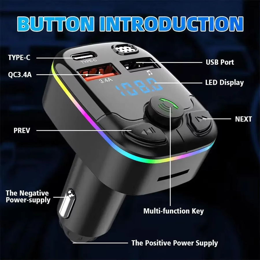 Kankeirr Bluetooth FM Sender mit PD und Dual USB 3.1A Schnellladegerät, MP3-Modulator mit buntem Umgebungslicht, Schwarz/Multicolor - Bild 5
