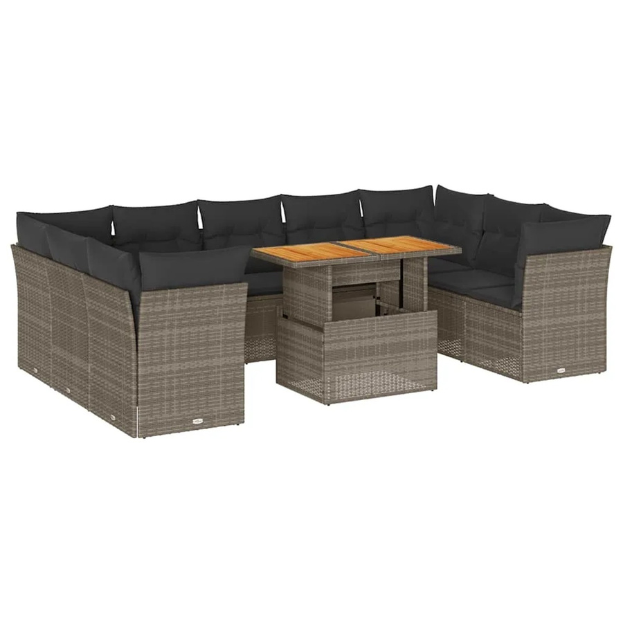 vidaXL 10-teilige Garten-Sofagarnitur in L-Form aus Poly-Rattan und Akazienholz mit Kissen in Grau - Bild 2