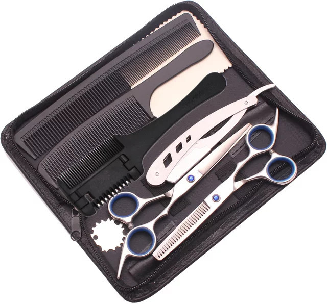 Friseurschere-Set aus Edelstahl, 8-teilig, mit Kamm und Rasiermesser - Bild 1