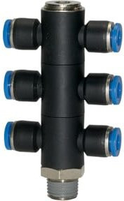 Riegler T-Mehrfachverteiler Blaue Serie, 6-fach, drehbar, Messing, R 1/4, Durchmesser 8 mm, Blau/Schwarz - Bild 1