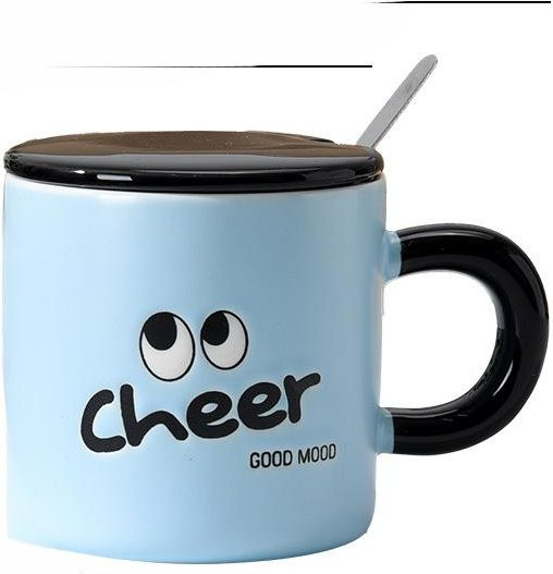 Keramiktasse mit Deckel und Löffel im Cartoon-Design, weiß, 380 ml - Bild 1
