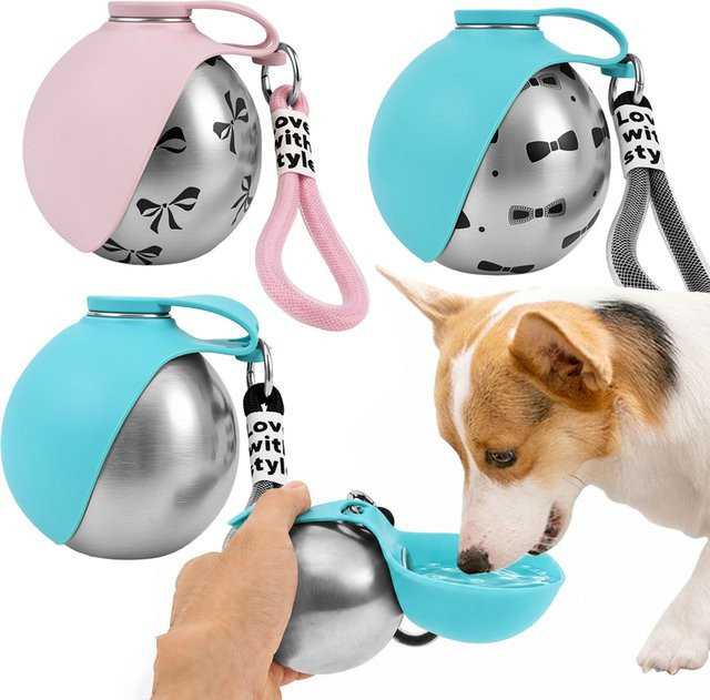 Willstar Hunde-Wasserflasche aus Edelstahl in Blau mit Silikonschüssel, 294 ml, auslaufsicherer tragbarer Welpen-Wasserspender - Bild 1