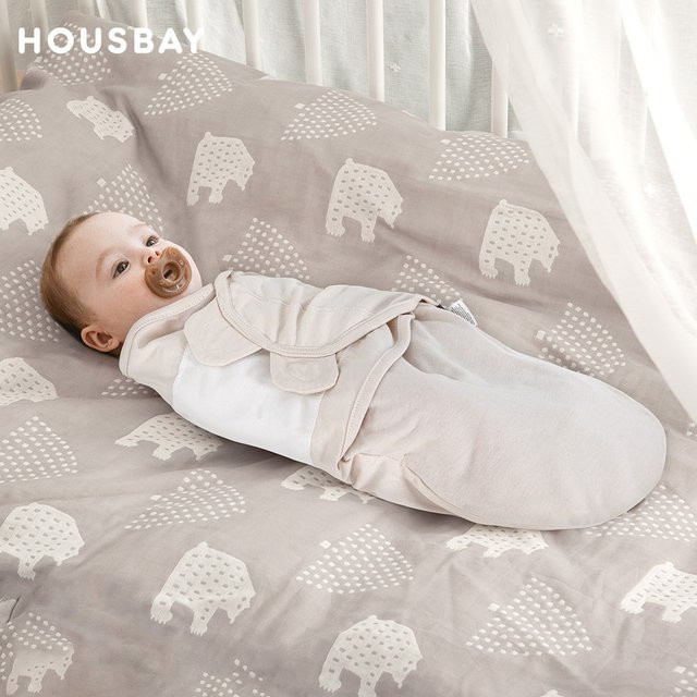 HOUSBAY Baby-Schlafsack aus 100 % Baumwolle als Wickelkokon und Pucktuch für Neugeborene in Grau und Beige - Bild 1