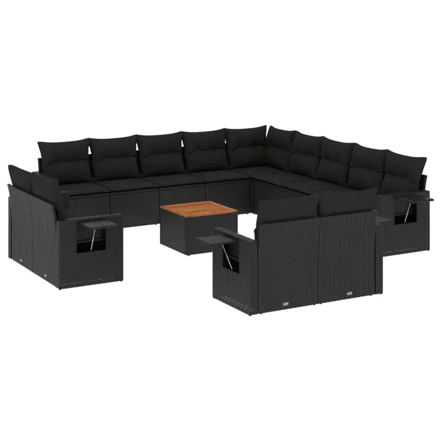 vidaXL 14-tlg. Garten-Sofagarnitur aus Polyrattan in Schwarz mit Kissen und Couchtisch für Terrasse und Garten - Bild 2