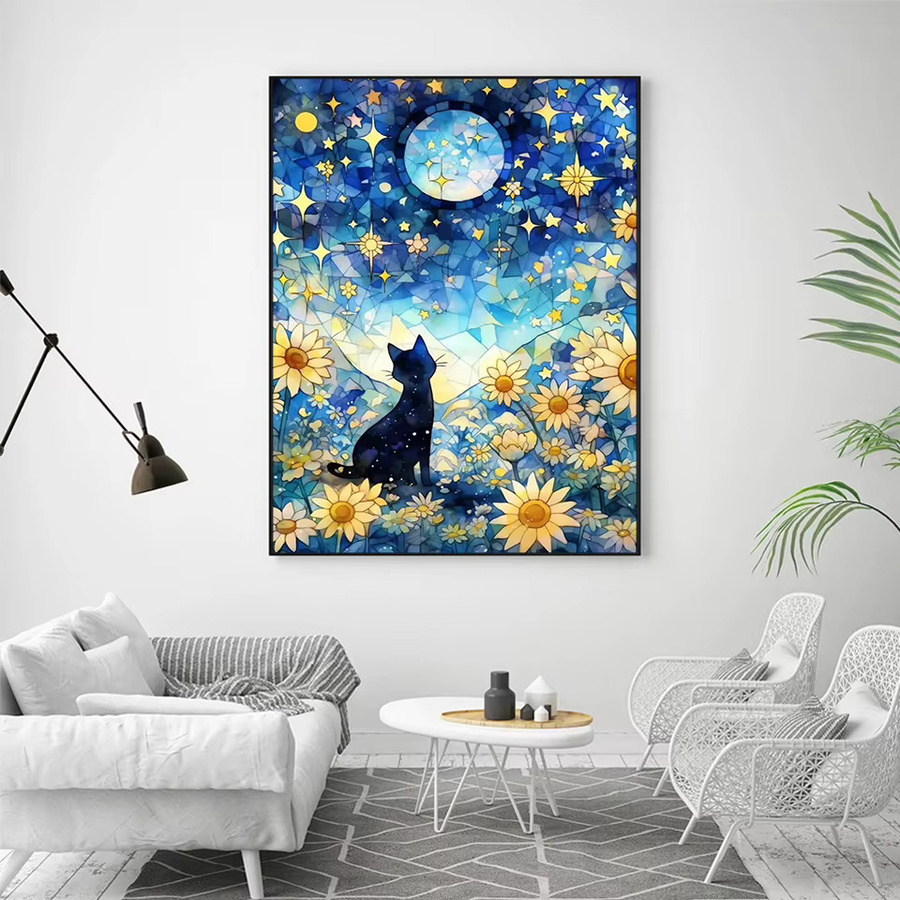 AZQSD Diamant-Malerei-Set Katze und Sonnenblume mit Mond, 5D-DIY Mosaik-Bild in Mehrfarbig, B/H: 30 x 40 cm - Bild 3