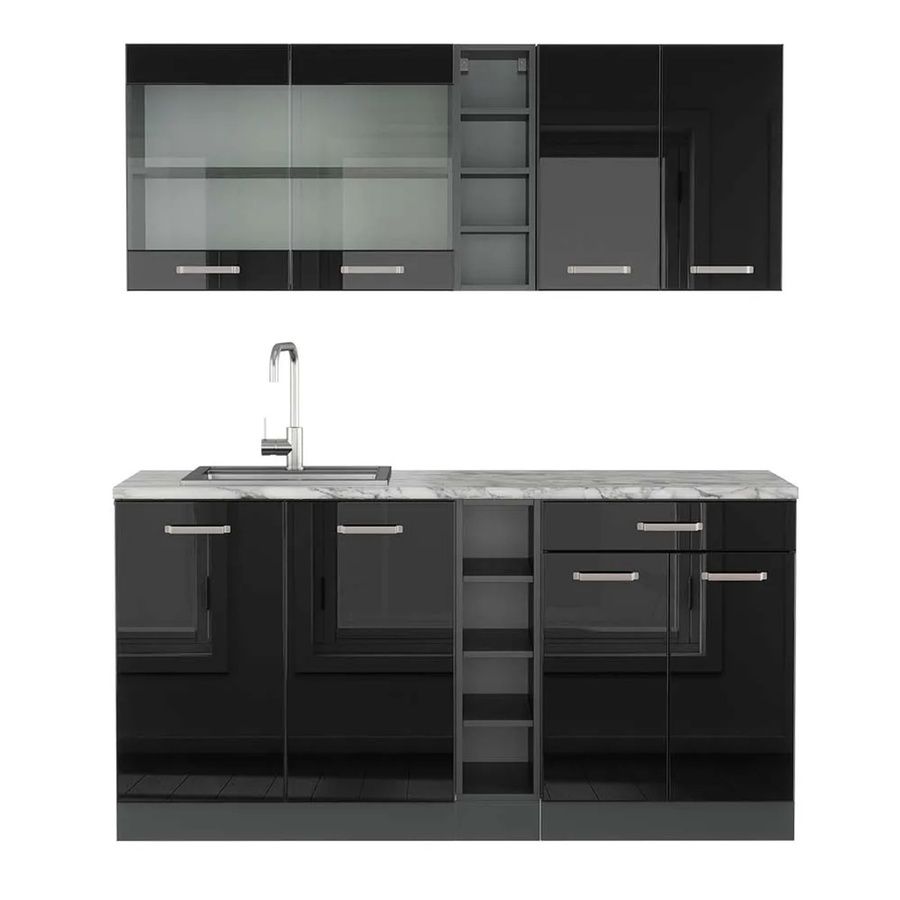 Vicco R-Line Singleküche Schwarz Hochglanz und Anthrazit mit Marmor-Arbeitsplatte Breite: 160 cm - Bild 2