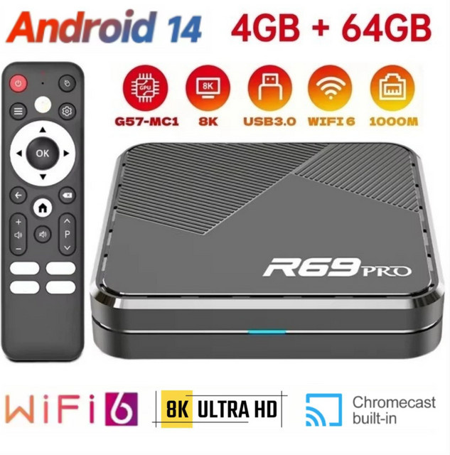 SSMMDZ R69 PRO Ultra HD 8K Smart TV Box mit Android 14, Allwinner H728, WiFi 6, 1000M LAN und Bluetooth 5.0, Mediaplayer in Schwarz - Bild 1