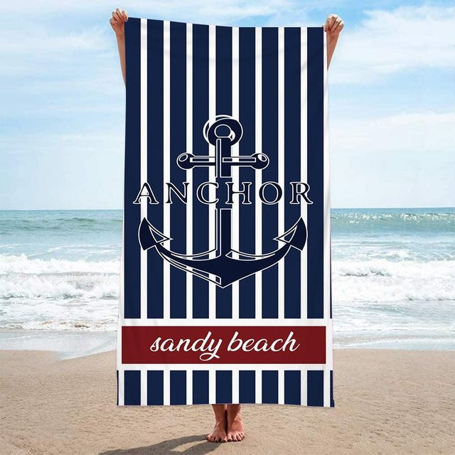 JMG Household Supplies Maritimes Strandtuch mit Anker-Motiv, gestreift in Marineblau und Weiß, schnelltrocknend und flauschig, B/H: 70 x 150 cm - Bild 1