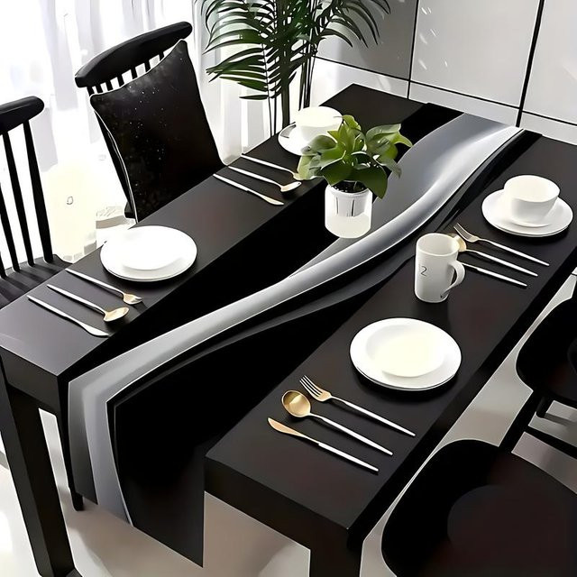 JINGYUE Pet Tischläufer mit minimalistischem Wellenmuster in Schwarz-Weiß-Grau, B/H: 40 x 140 cm - Bild 1