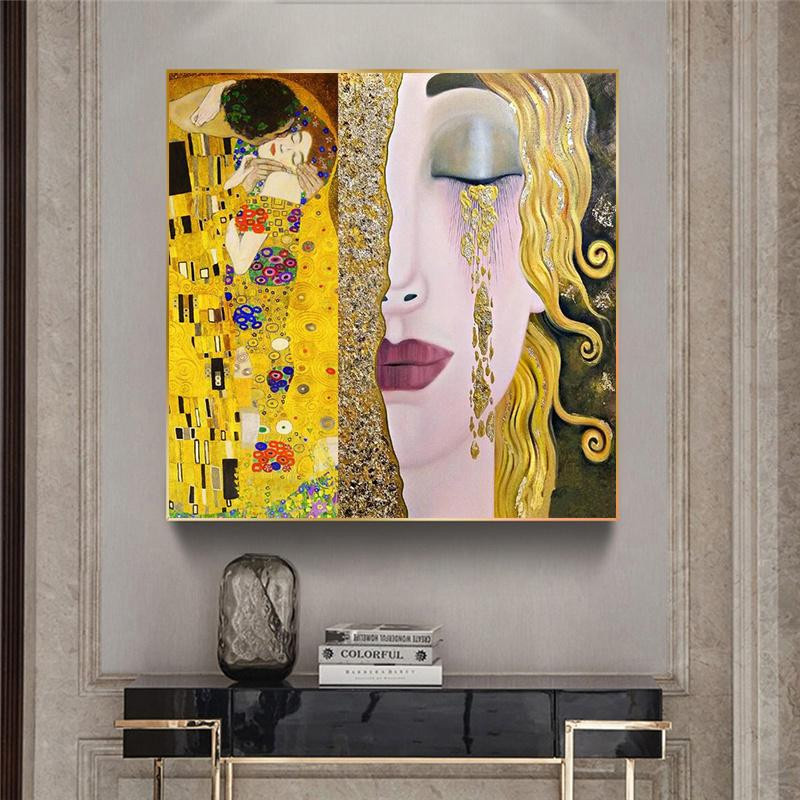 GIEKIKI Leinwand Gemälde Gustav Klimt Kuss und Tränen in Gold, Kunst Poster Wanddeko, 50 x 50 cm - Bild 2