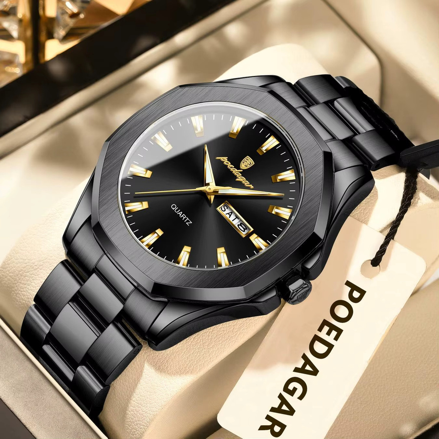 POEDAGAR Armbanduhr, Quarz, Edelstahl, Schwarz, Silber, Herren - Bild 2