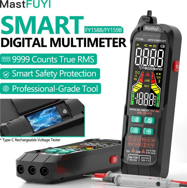 MASTFUYI Digitalmultimeter in Schwarz, wiederaufladbares LCD-Voltmeter mit NCV-Frequenz, Ohm, Diodenkapazität, True-RMS und VFC-Multifunktionstester - Bild 1