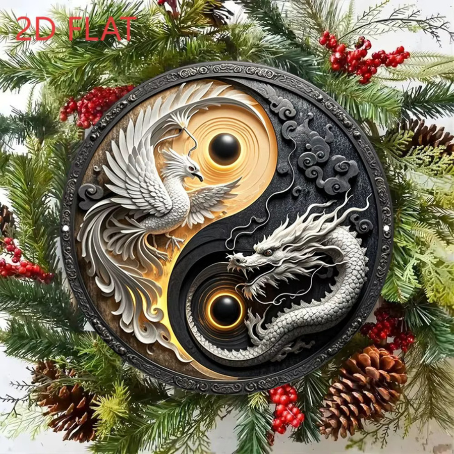 HELLOYOUNG Retro Drache und Phönix Metallschild aus Aluminium, runde Wandkunst in Mehrfarbig für Zuhause, Bar oder Restaurant - Bild 3