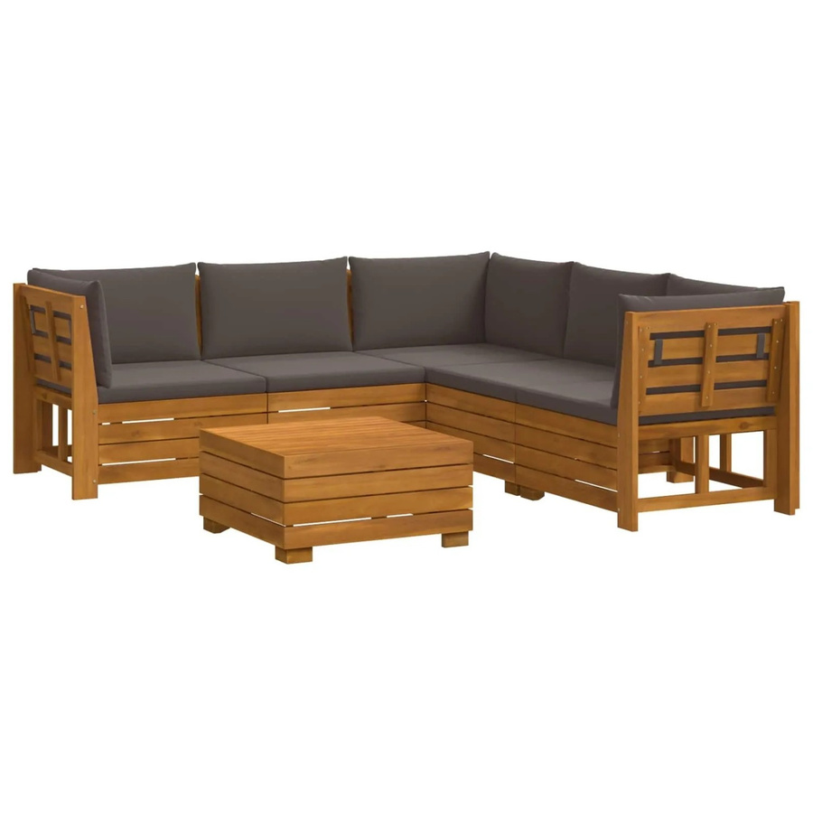 vidaXL Outdoor-Sofagarnitur aus Massivholz Akazie in Braun mit Kissen und Tisch, 6-teiliges L-Shape Gartenmöbel-Set - Bild 2