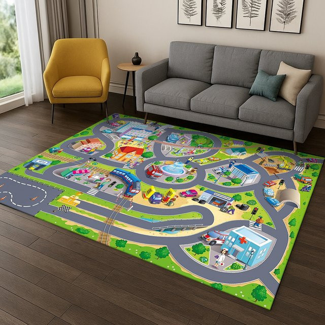 Faviora Kinder-Spielmatte mit Autobahn- und Stadtverkehr-Design als rutschfester Druckteppich für Wohnzimmer oder Schlafzimmer - Bild 1