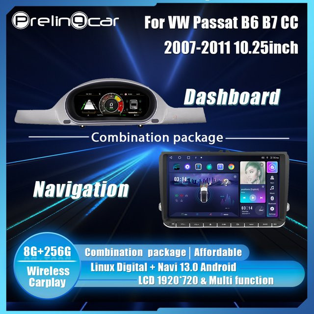 Prelingcar 10,25 Zoll Android Digital Cluster Dashboard für VW Passat B6 B7 CC 2007-2011 Navigation Radio Panel in Schwarz - Bild 1