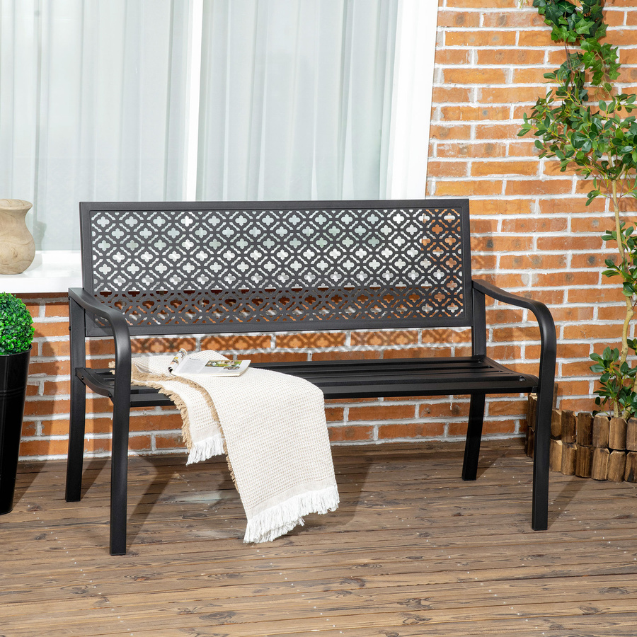 Outsunny Gartenbank 2-Sitzer Parkbank mit Rückenlehne und Armlehnen aus Stahl in Schwarz mit Blumenmuster, B/T/H: 127 x 63 x 83 cm - Bild 2