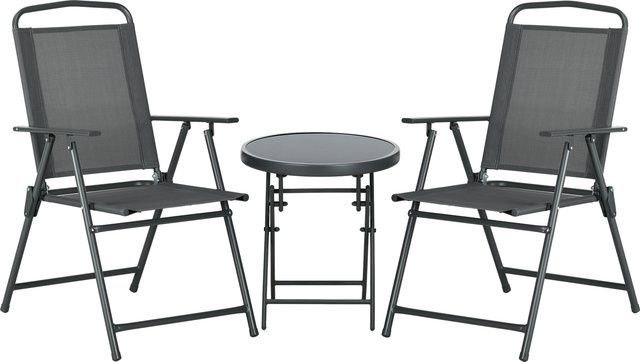 Outsunny 3-teiliges Bistro-Set aus Metall mit Glastisch und klappbaren Gartenstühlen, wetterfest, Dunkelgrau - Bild 1