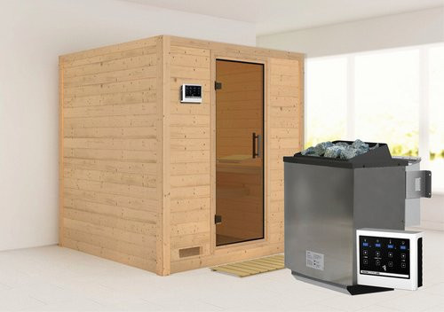 Karibu Bio-Kombi-Sauna Sindi aus Fichtenholz für 4 Personen inklusive 9 kW Saunaofen mit externer Steuerung in Beige und Grau - Bild 1